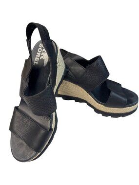 Sorel Womens Black Leather Wedge Sandals Espadrille Style Size 7.5